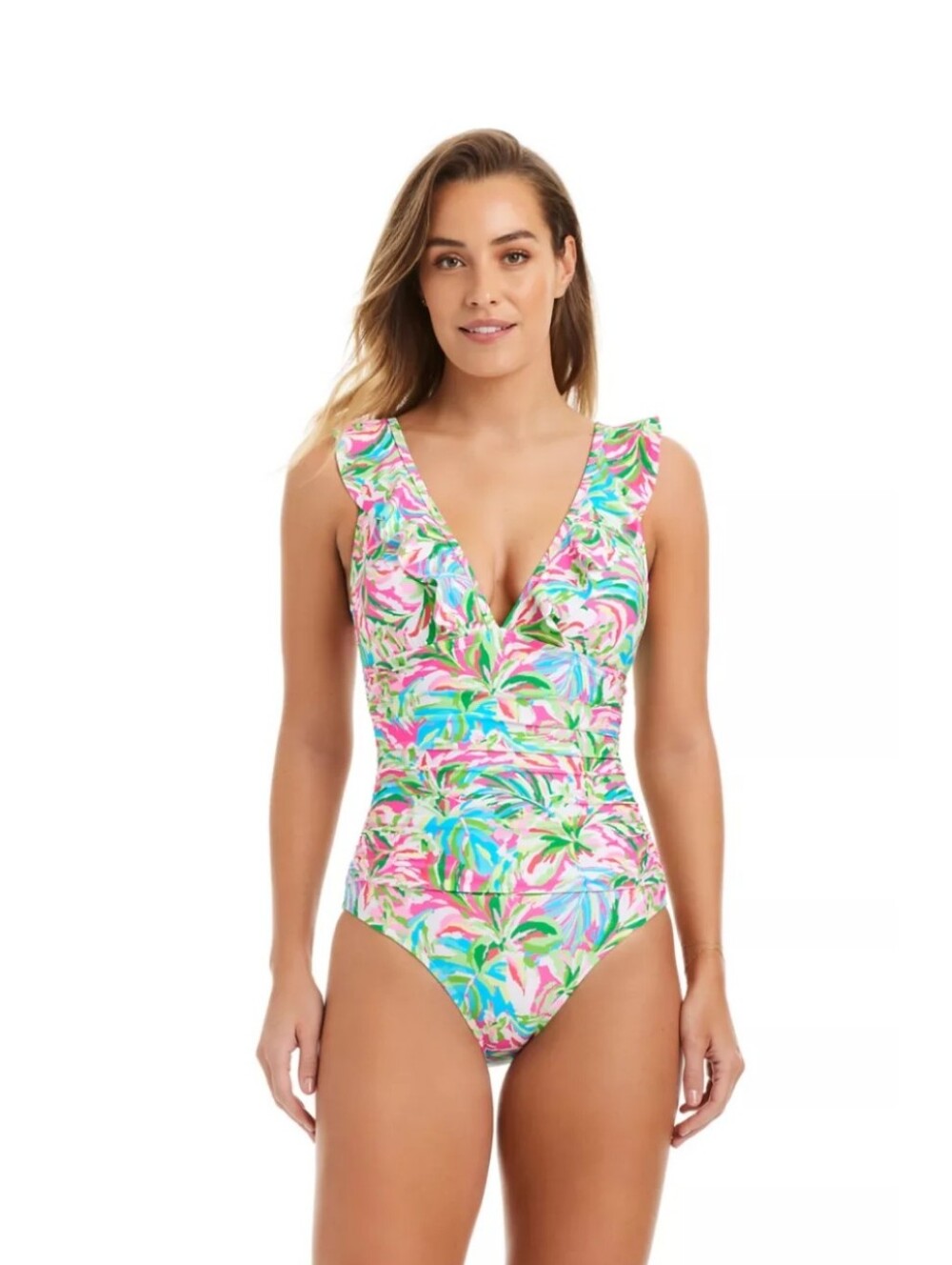 Dazzling Tropical Ruffle Neck One Piece Swimsuit Multi 14 NEW
